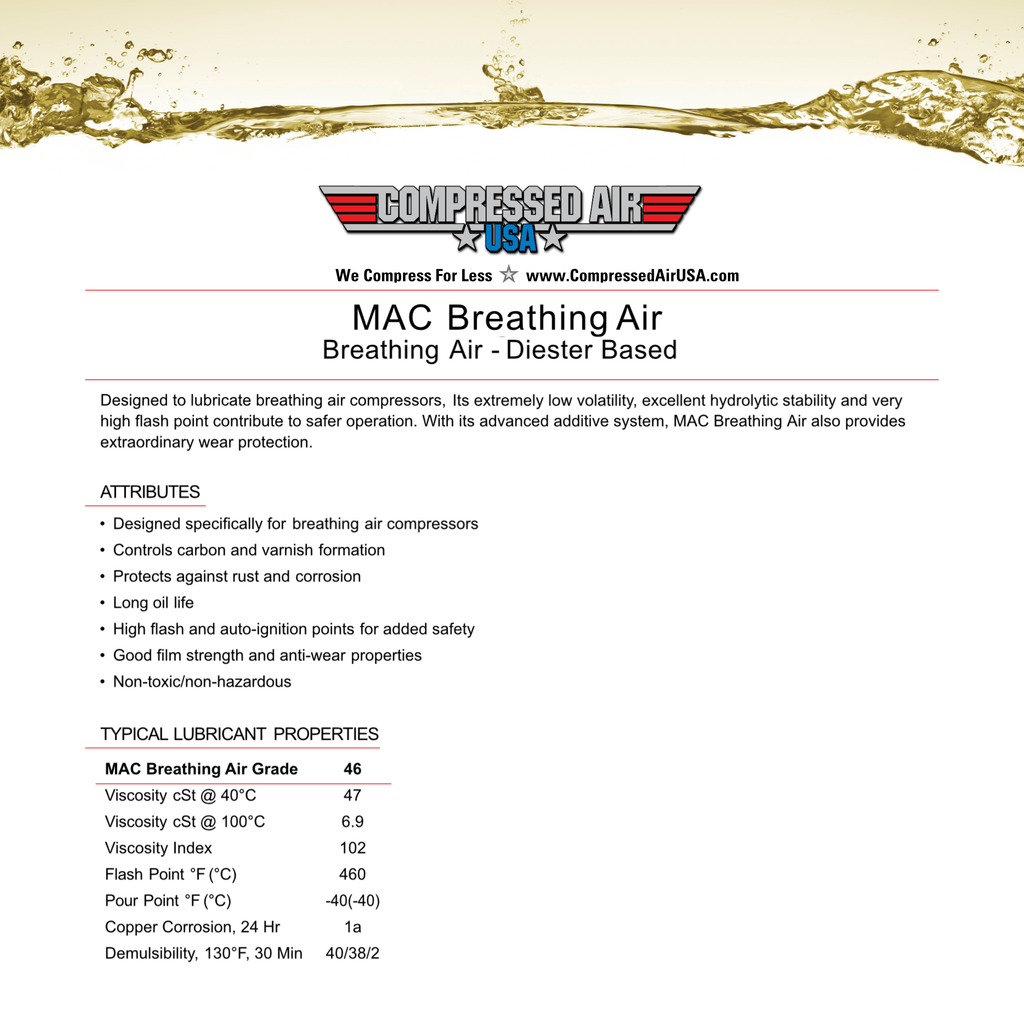 Breathing Air Oil for Air Compressors, High Pressure Reciprocating Air Compressor Lubricating Oil Breathing Safe - Scuba, SCBA, Medical